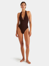 HUNZA G ADRIANA BEADED SWIMSUIT IN METALLIC CHOCOLATE