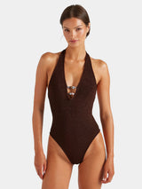 HUNZA G ADRIANA BEADED SWIMSUIT IN METALLIC CHOCOLATE