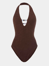 HUNZA G ADRIANA BEADED SWIMSUIT IN METALLIC CHOCOLATE