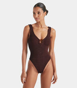 HUNZA G CELINE SWIMSUIT IN METALLIC CHOCOLATE