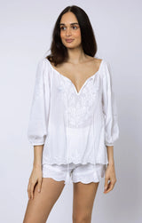 JULIET DUNN BOHO TOP IN WHITE WITH HAND EMBROIDERY