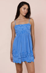 JULIET DUNN TIE BACK MINI DRESS WITH SCALLOP EMBROIDERY IN OCEAN BLUE