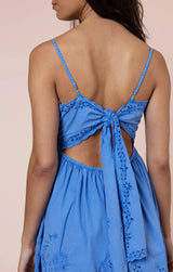 JULIET DUNN TIE BACK MINI DRESS WITH SCALLOP EMBROIDERY IN OCEAN BLUE