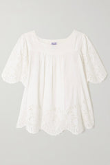 THIERRY COLSON SCARLETTA pleated broderie anglaise linen and cotton-blend blouse