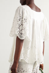 THIERRY COLSON SCARLETTA pleated broderie anglaise linen and cotton-blend blouse