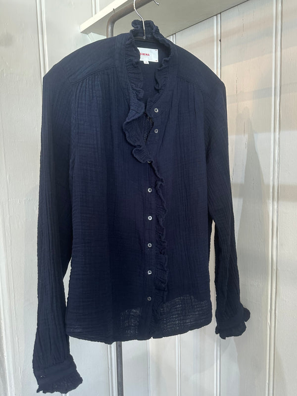 PRE-OWNED XIRENA RUFFLE SHIRT NAVY XS RRP £245
