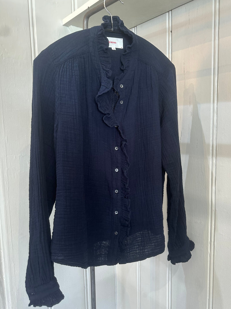 PRE-OWNED XIRENA RUFFLE SHIRT NAVY XS RRP £245