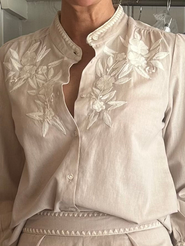JULIET DUNN EMBROIDERED SHIRT MINK & CREAM EXCLUSIVE
