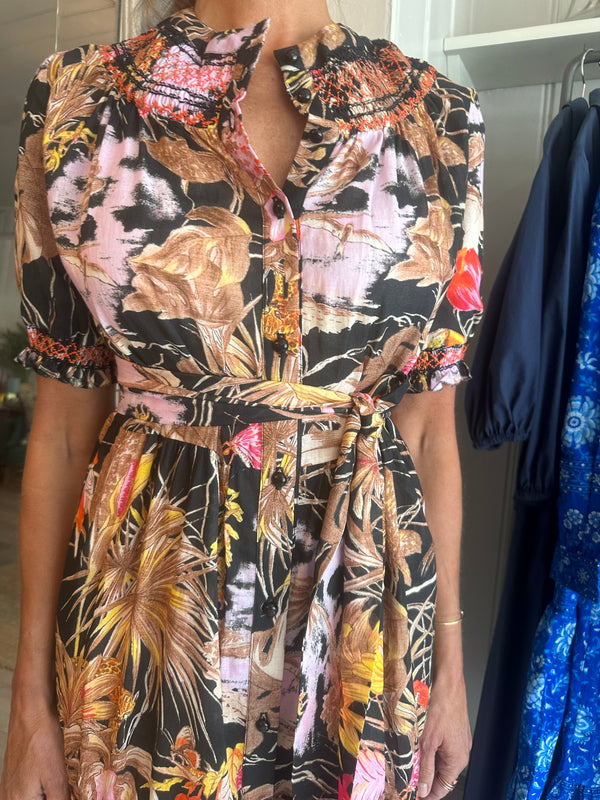 LORETTA CAPONI SEVERA REED DRESS IN RAIN FOREST