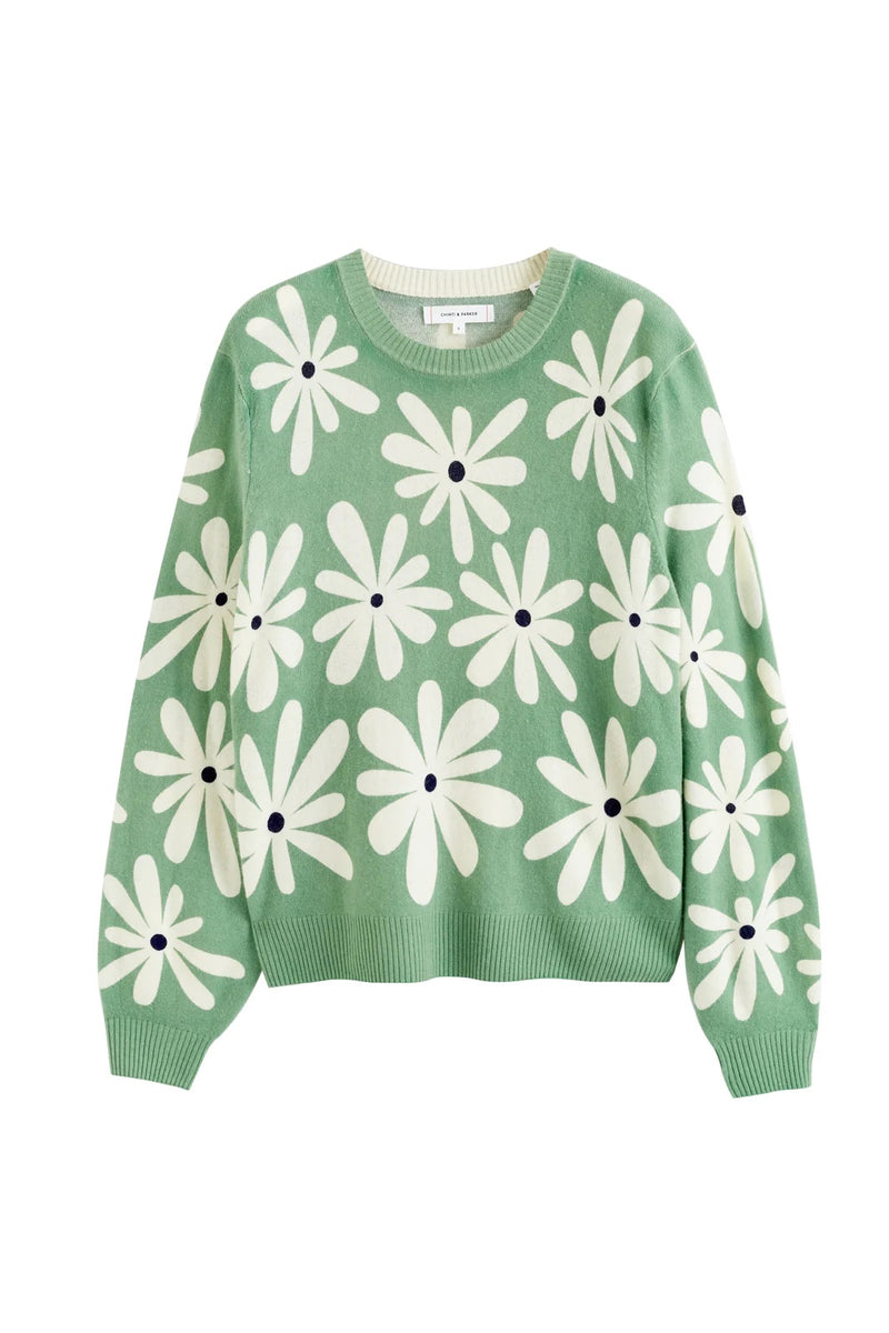 CHINTI & PARKER CASHMERE-BLEND DITSY DAISY SWEATER IN PISTACHIO