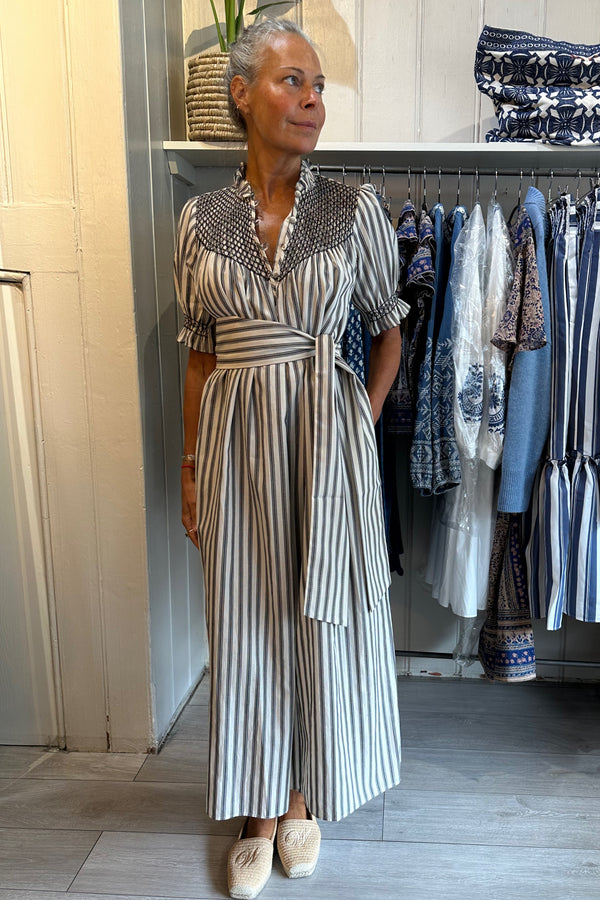 LORETTA CAPONI ELENA DRESS IN SOFA STRIPES