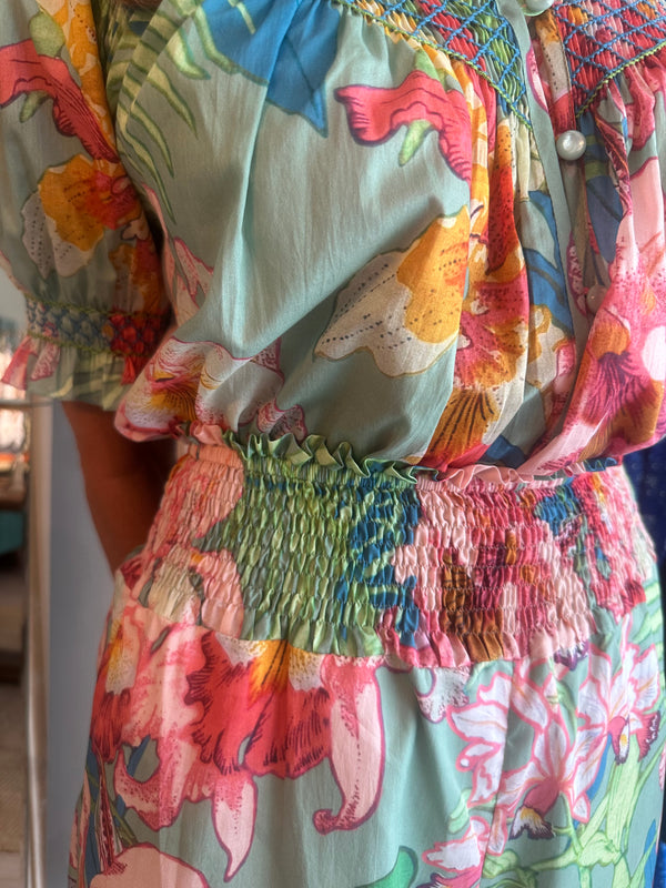 LORETTA CAPONI SPERANZA PALAZZO TROUSERS IN JUNGLE OF ORCHIDS