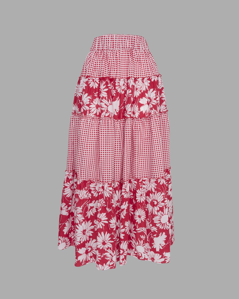 LORETTA CAPONI BIBI MAXI SKIRT IN STRAWBERRY DAISIES AND CHECK