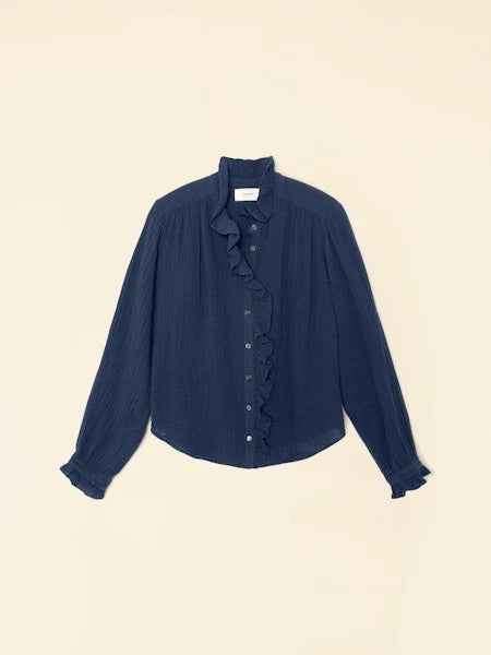 PRE-OWNED XIRENA RUFFLE SHIRT NAVY XS RRP £245