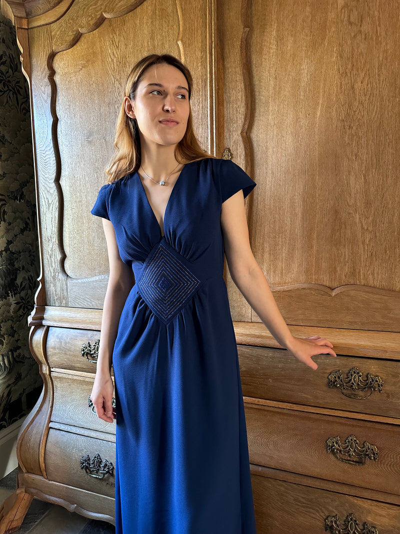 LORETTA CAPONI DIVA DRESS IN BLUEBERRY CREPE