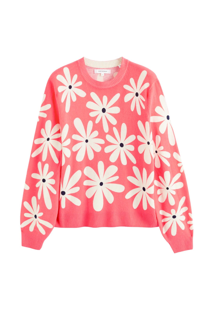 CHINTI & PARKER CASHMERE-BLEND DITSY DAISY SWEATER IN CORAL