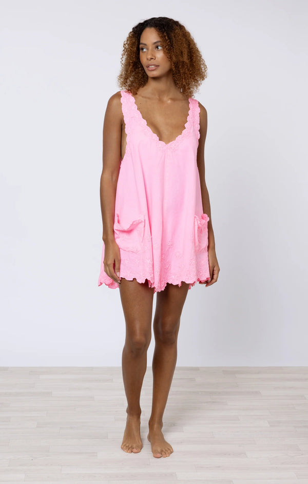 JULIET DUNN LOW BACK DRESS IN EMBROIDERED PINK GRAPEFRUIT