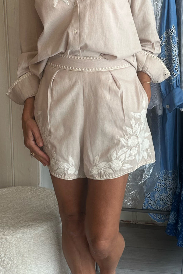 JULIET DUNN EMBROIDERED SHORTS IN MINK & CREAM EXCLUSIVE