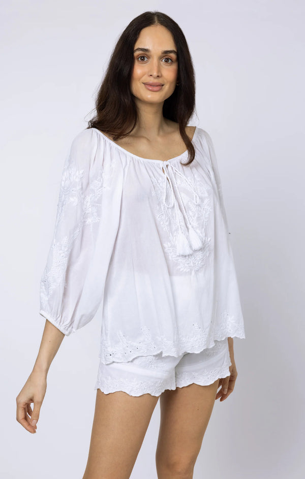 JULIET DUNN BOHO TOP IN WHITE WITH HAND EMBROIDERY