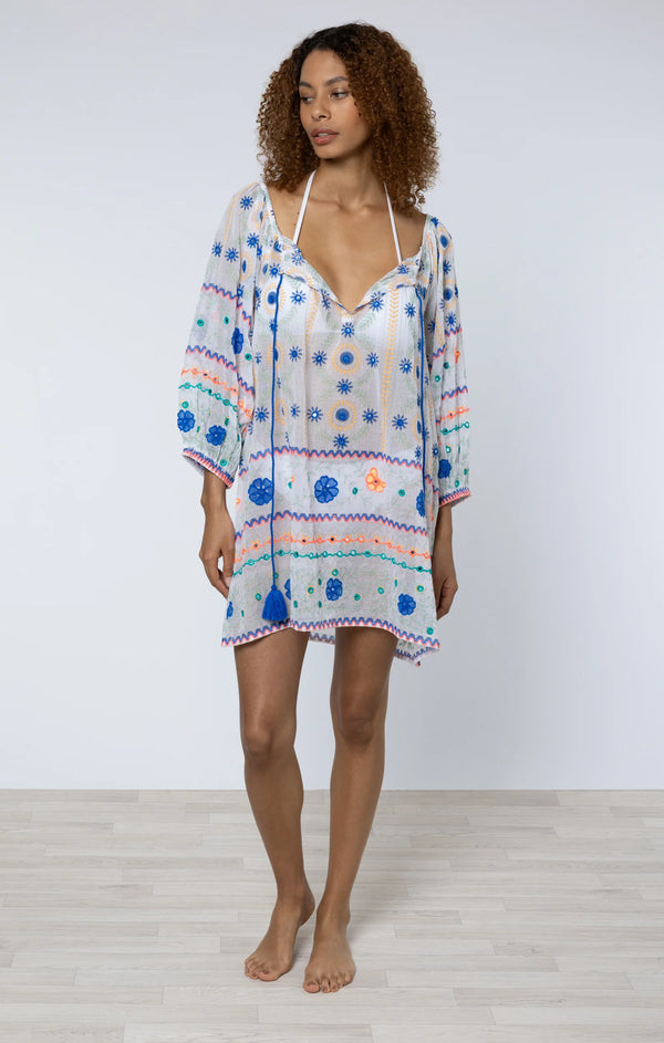 JULIET DUNN MEXICAN PRINT HAND EMBROIDERED BOHO COVER-UP IN BLUE