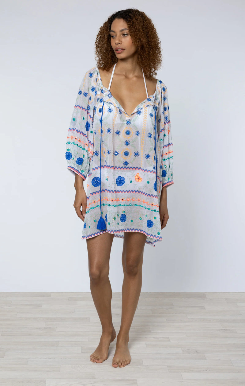 JULIET DUNN MEXICAN PRINT HAND EMBROIDERED BOHO COVER-UP IN BLUE