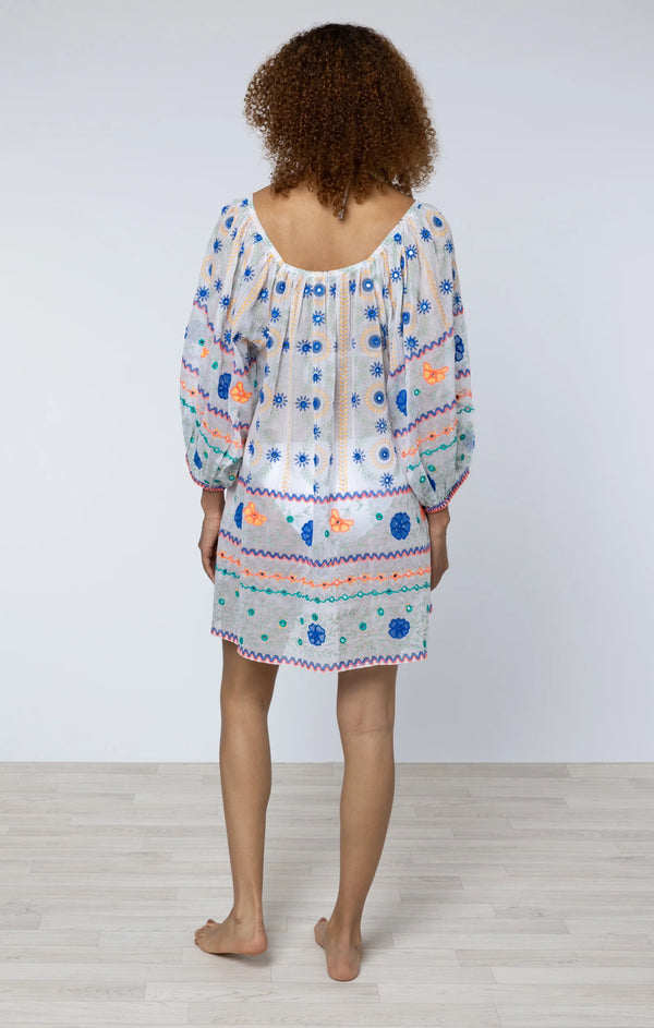 JULIET DUNN MEXICAN PRINT HAND EMBROIDERED BOHO COVER-UP IN BLUE