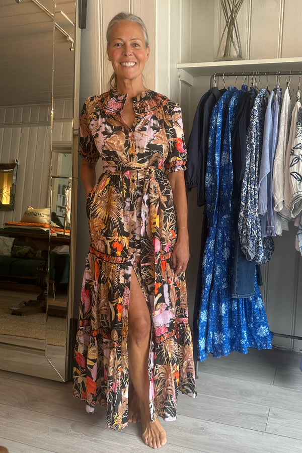 LORETTA CAPONI SEVERA REED DRESS IN RAIN FOREST