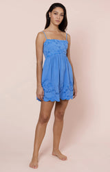 JULIET DUNN TIE BACK MINI DRESS WITH SCALLOP EMBROIDERY IN OCEAN BLUE