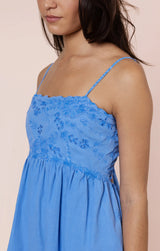 JULIET DUNN TIE BACK MINI DRESS WITH SCALLOP EMBROIDERY IN OCEAN BLUE