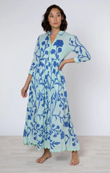 JULIET DUNN AQUA & BLUE MAJORELLE PRINT MAXI SHIRT DRESS