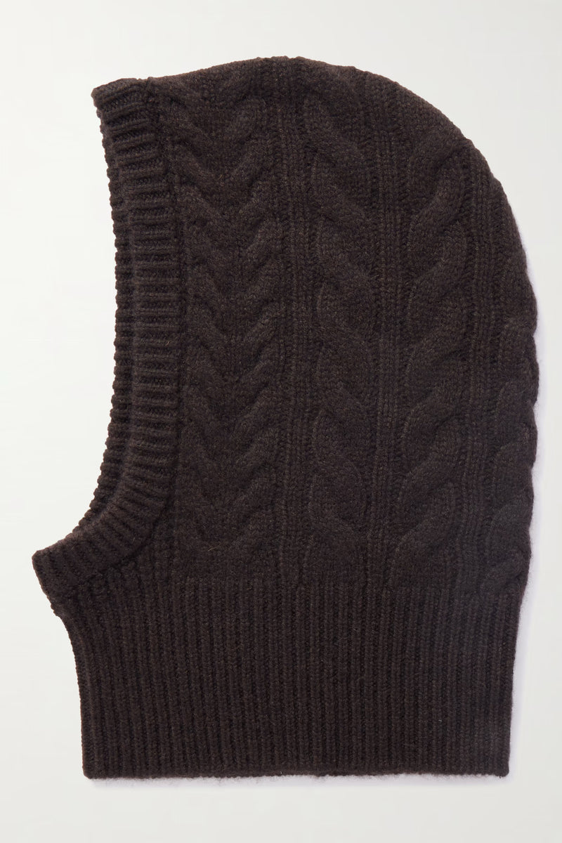 LISA YANG YLDA CABLE KNIT CASHMERE BALAKLAVA IN DARK OAK
