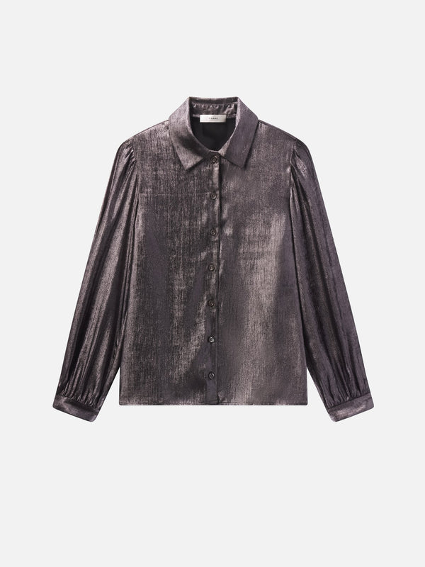FRAME THE SHINY STAPLE BLOUSE IN GUNMETAL