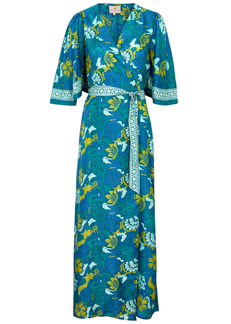 HANNAH ARTWEAR ANTONIA PRINTED SILK MAXI WRAP DRESS IN ALSIO INDIGO