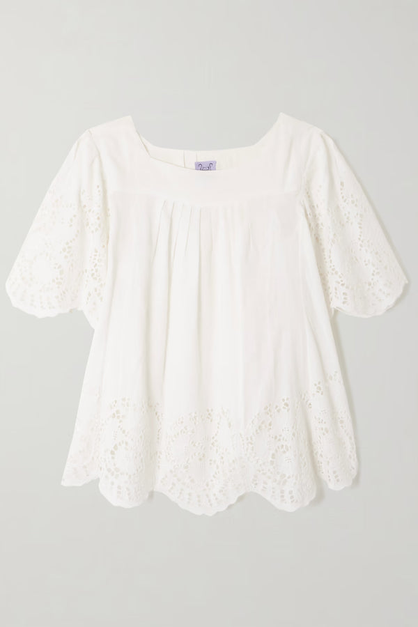 THIERRY COLSON SCARLETTA pleated broderie anglaise linen and cotton-blend blouse