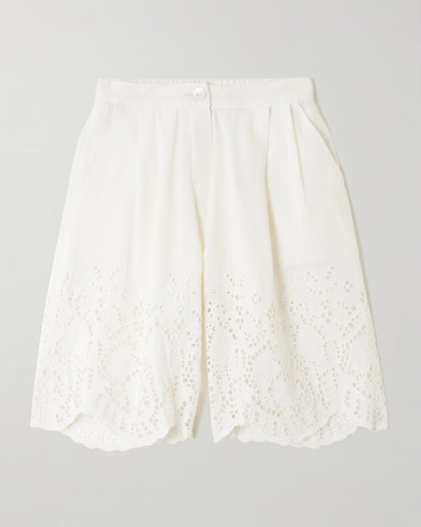 THIERRY COLSON BOXY Scalloped broderie anglaise linen and cotton-blend shorts