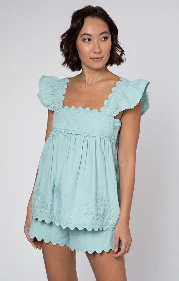 JULIET DUNN BABYDOLL TOP  WITH RIC RAC EMBROIDERY