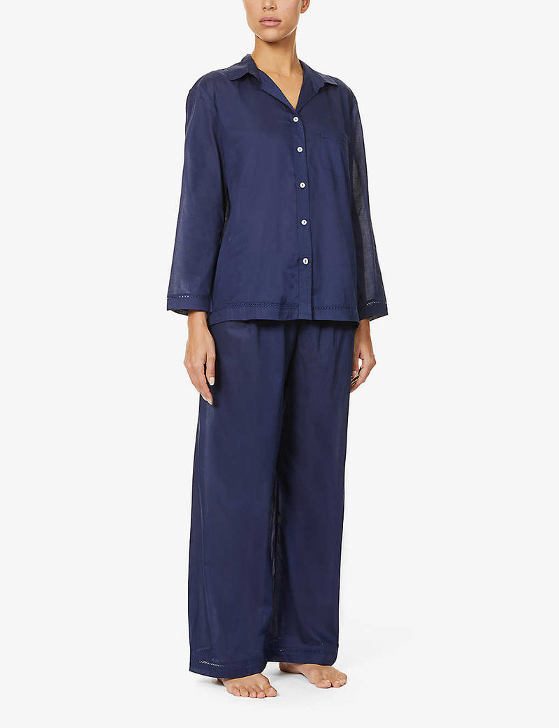 POUR LES FEMMES LACE TRIMMED COTTON PYJAMAS IN NAVY