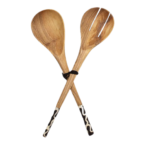 OLIVE WOOD AND BONE BATIK SALAD SERVERS