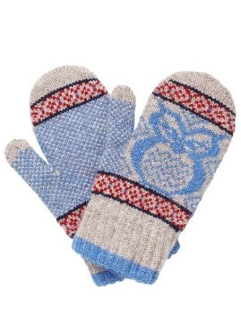 BRORA Cashmere Owl Mittens in Delft and Ash